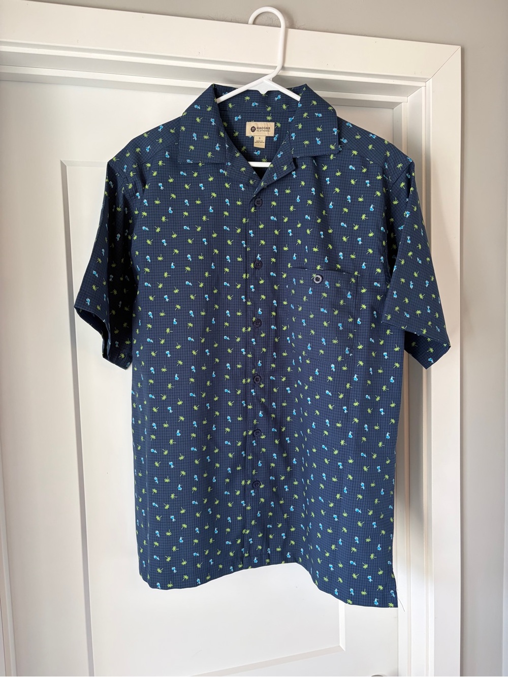 Haggar Navy Short-Sleeve Button-Up with Blue and Lime Micro Print